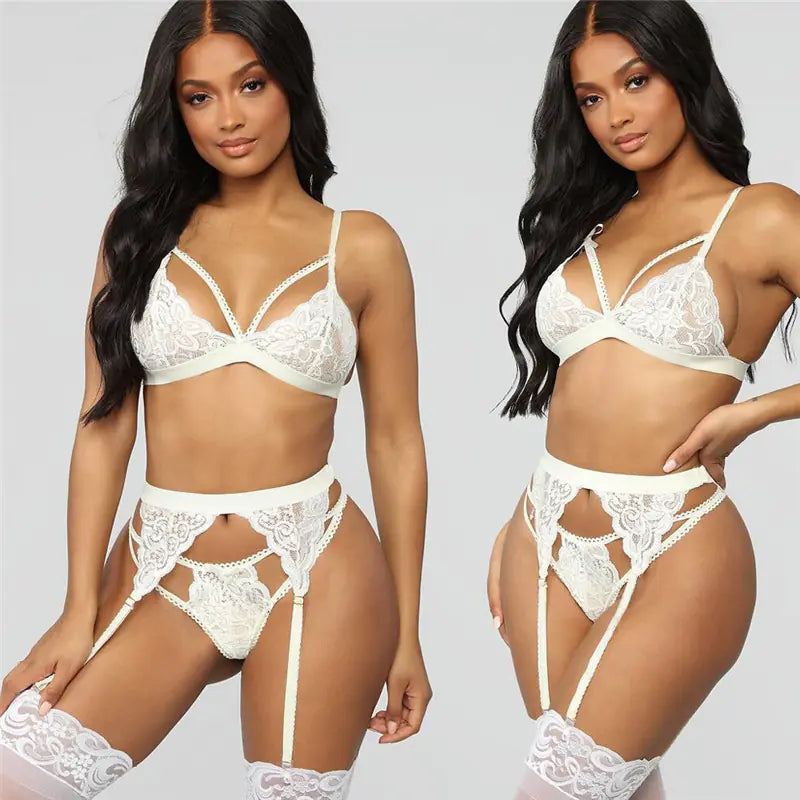 Lace Seduction Lingerie Set with Stockings (3 Pieces)
