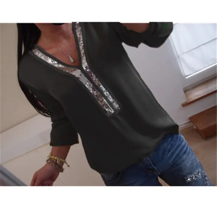 2019 Women's Casual V-Neck Sequin Chiffon Blouse