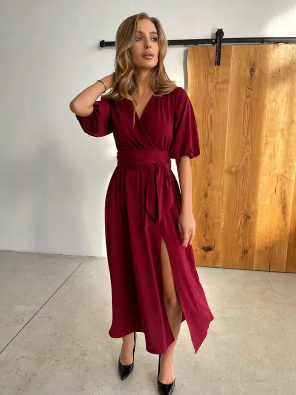 Women's V-neck Lantern Sleeve Maxi Dress with Slit