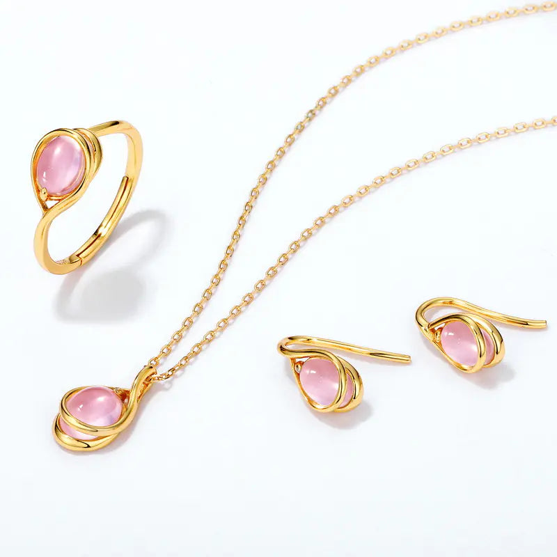 Forest-Inspired Water Drop Earrings with Natural Rose Quartz