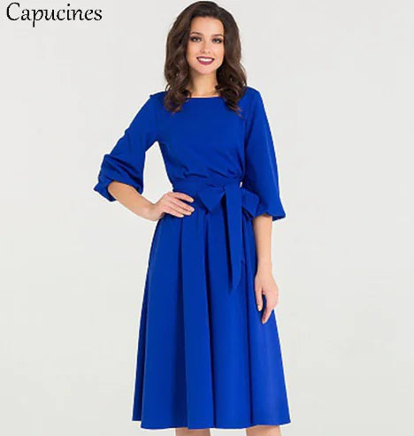 Women's Waist-Tight 3/4 Sleeve Dress with Belt