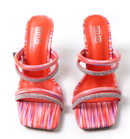 Ribbon Crystal High Heel Slippers