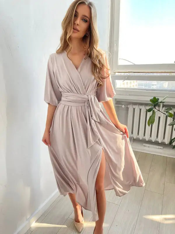 Women's V-neck Lantern Sleeve Maxi Dress with Slit