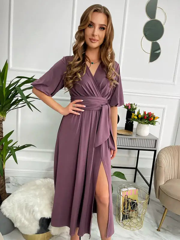 Women's V-neck Lantern Sleeve Maxi Dress with Slit