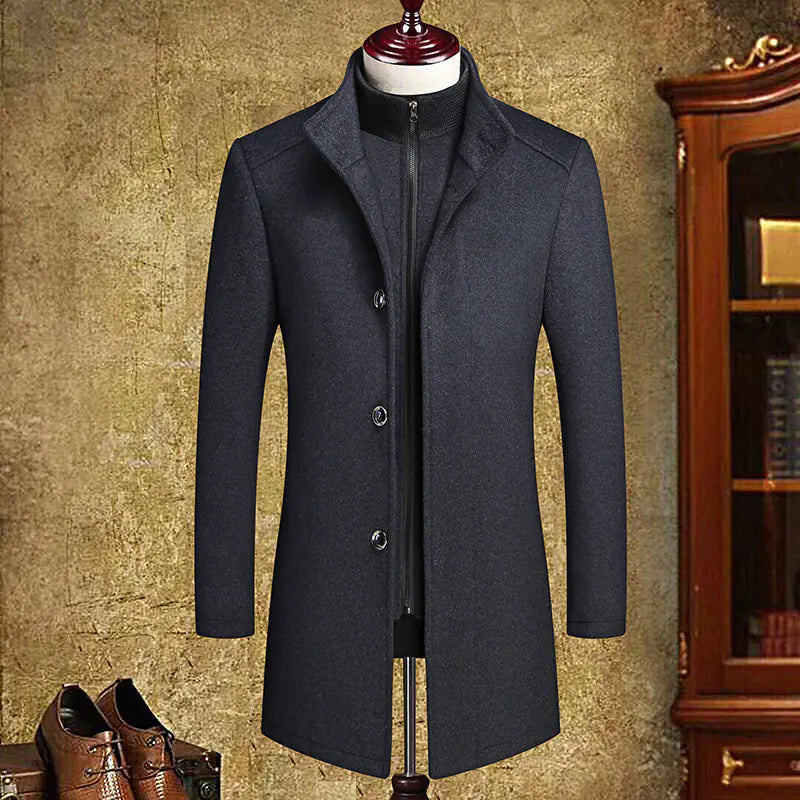 Men's Mid-Length Woolen Coat with Detachable Vest Liner