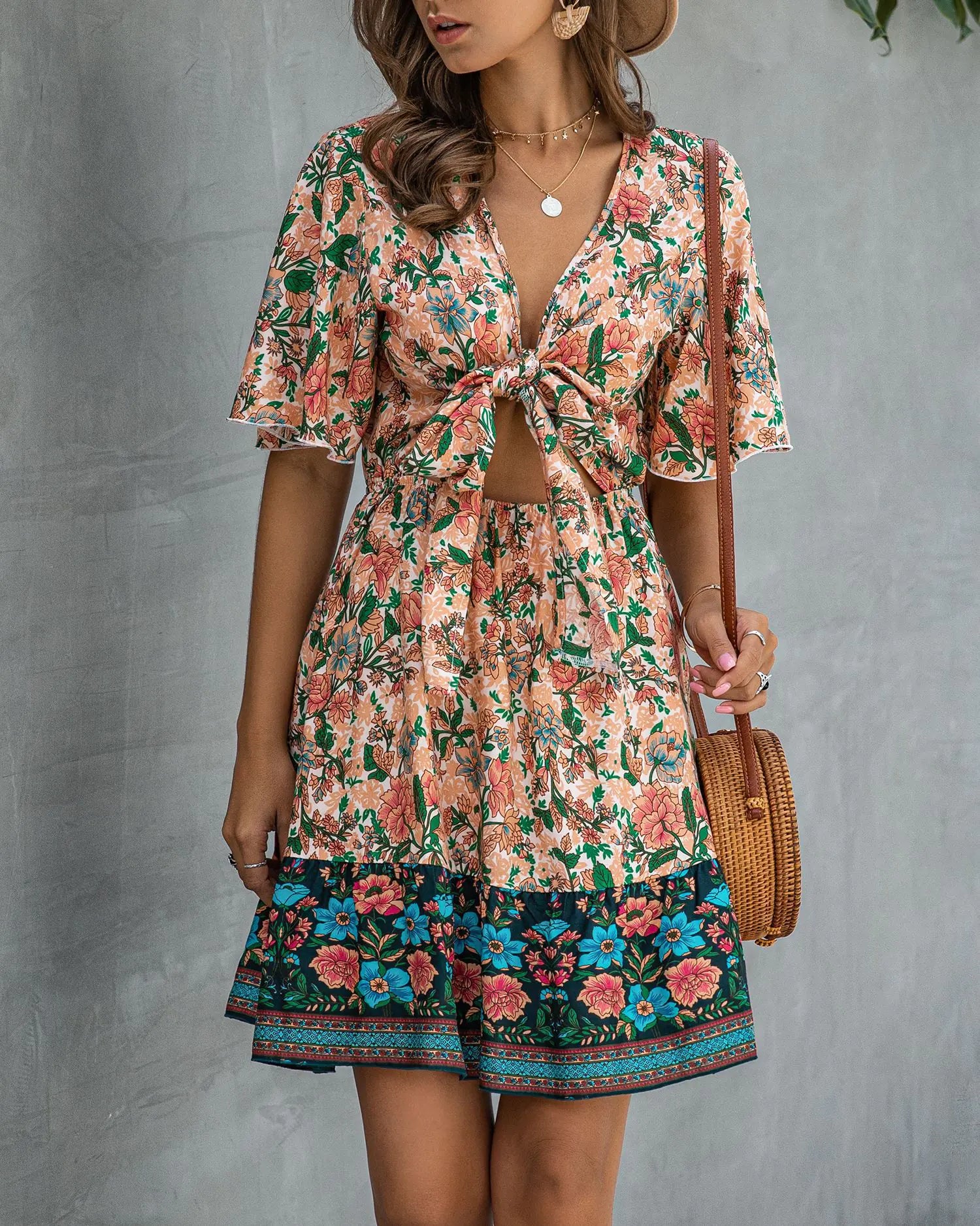 2020 Summer Fashion Print Knot Front Dress for Women