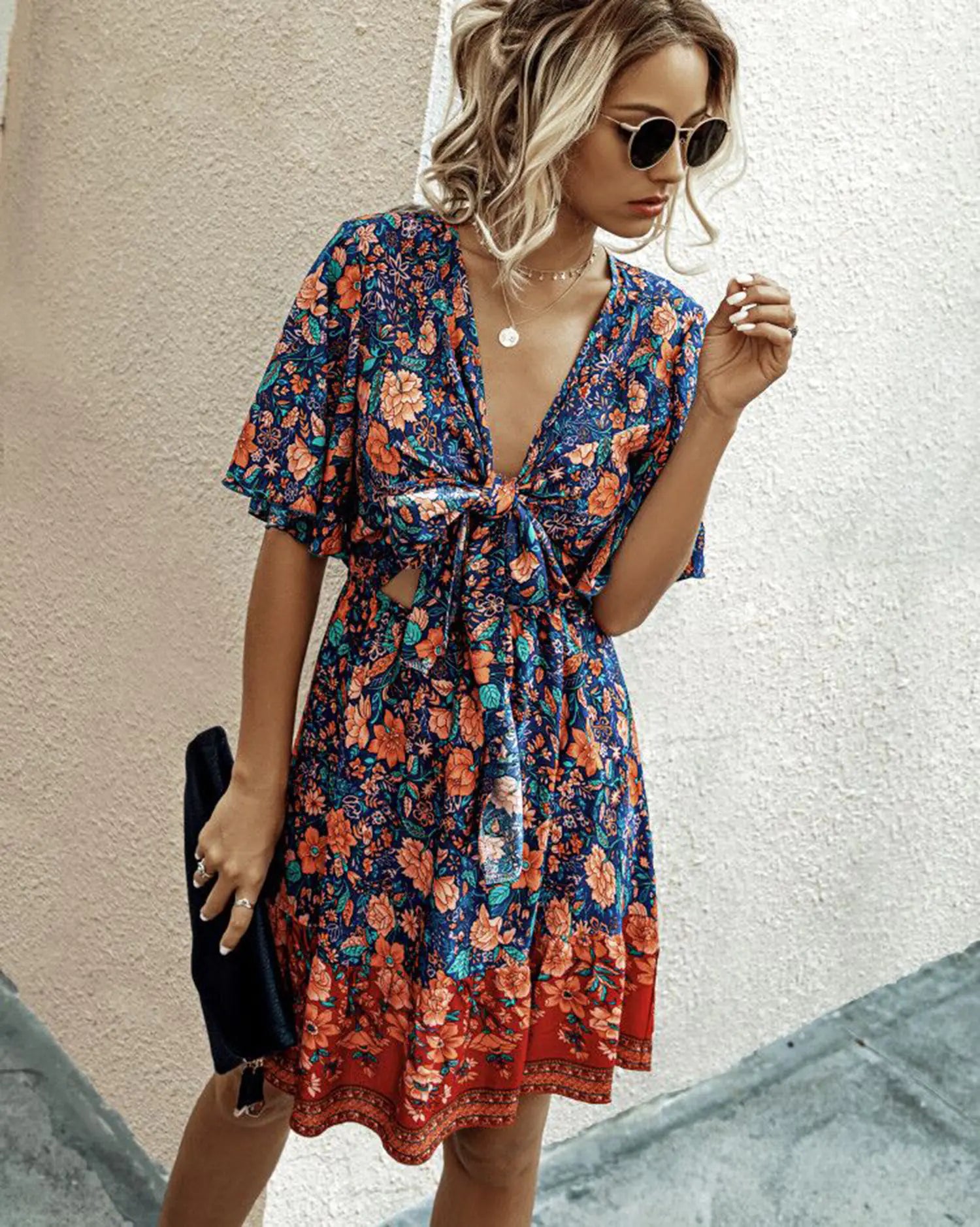 2020 Summer Fashion Print Knot Front Dress for Women