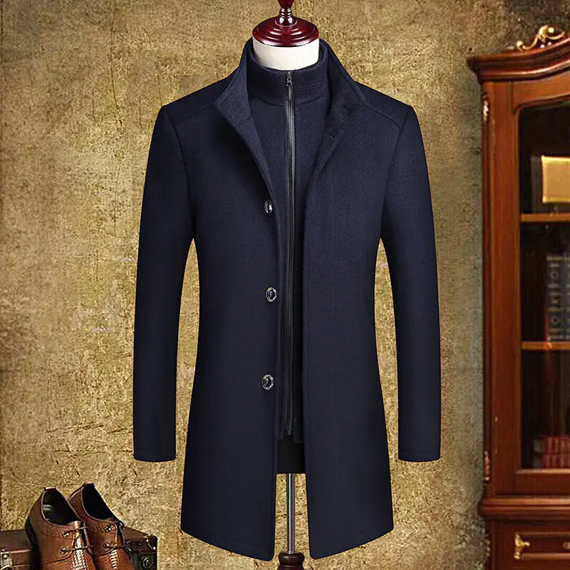 Men's Mid-Length Woolen Coat with Detachable Vest Liner