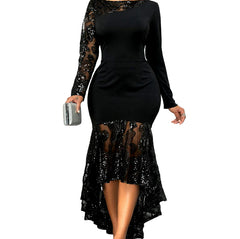 Sequin-Embellished Long Sleeve Tail Hem Dress