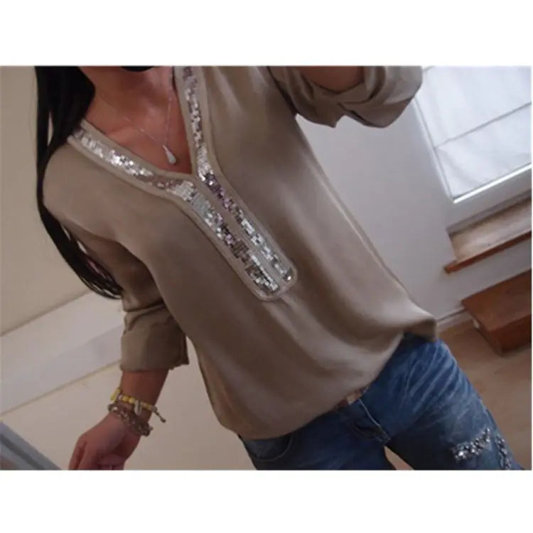 2019 Women's Casual V-Neck Sequin Chiffon Blouse