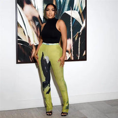 High Waist Breathable Mesh Printing Casual Pants