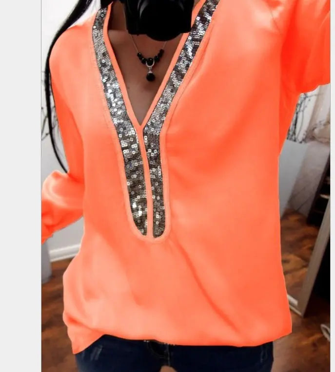 2019 Women's Casual V-Neck Sequin Chiffon Blouse
