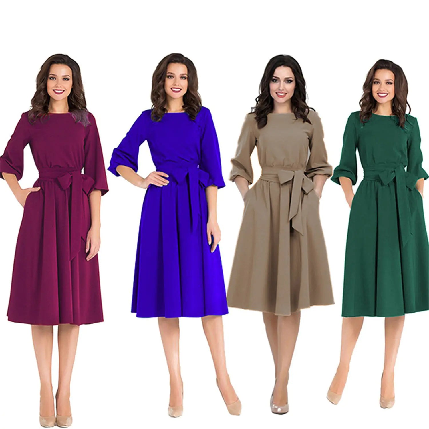 Women's Waist-Tight 3/4 Sleeve Dress with Belt