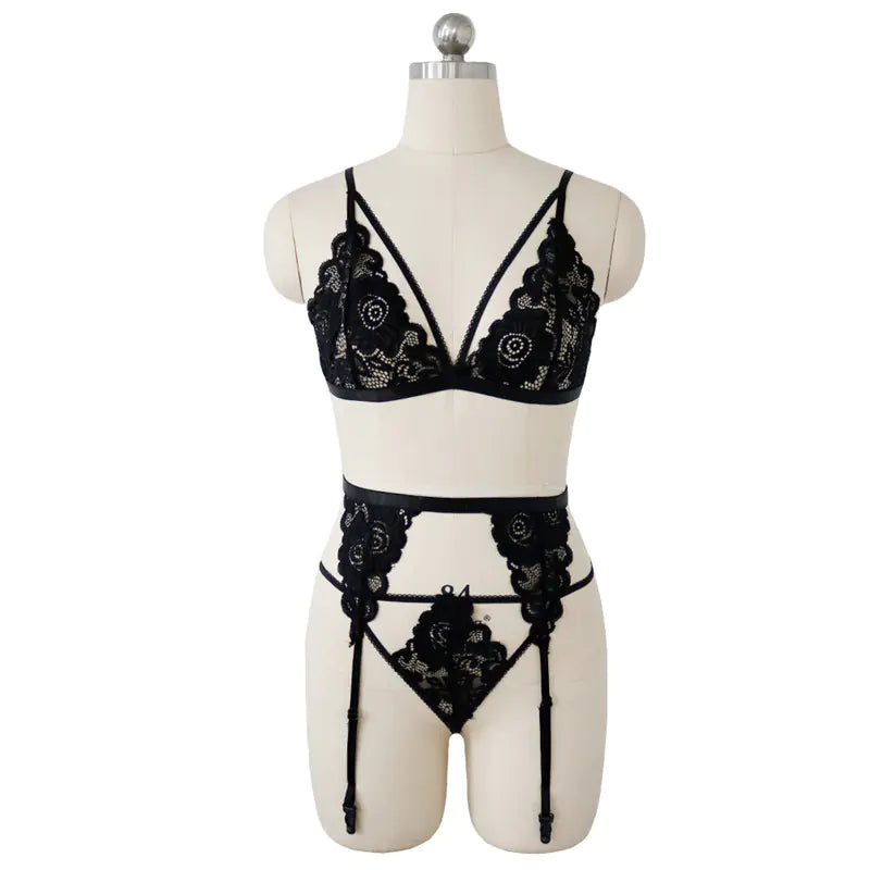 Lace Seduction Lingerie Set with Stockings (3 Pieces)