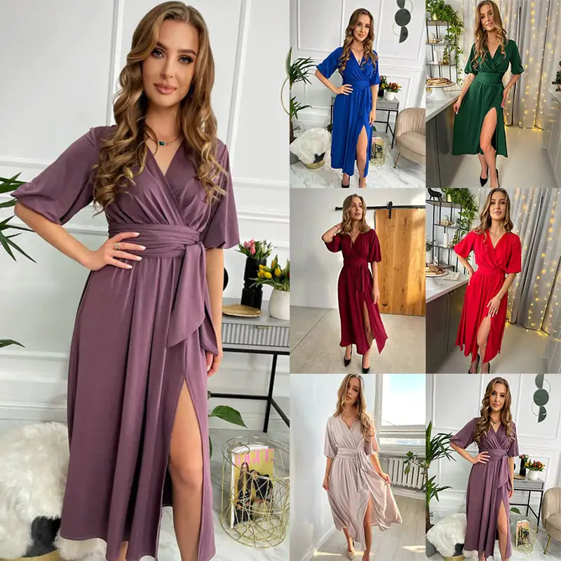 Women's V-neck Lantern Sleeve Maxi Dress with Slit