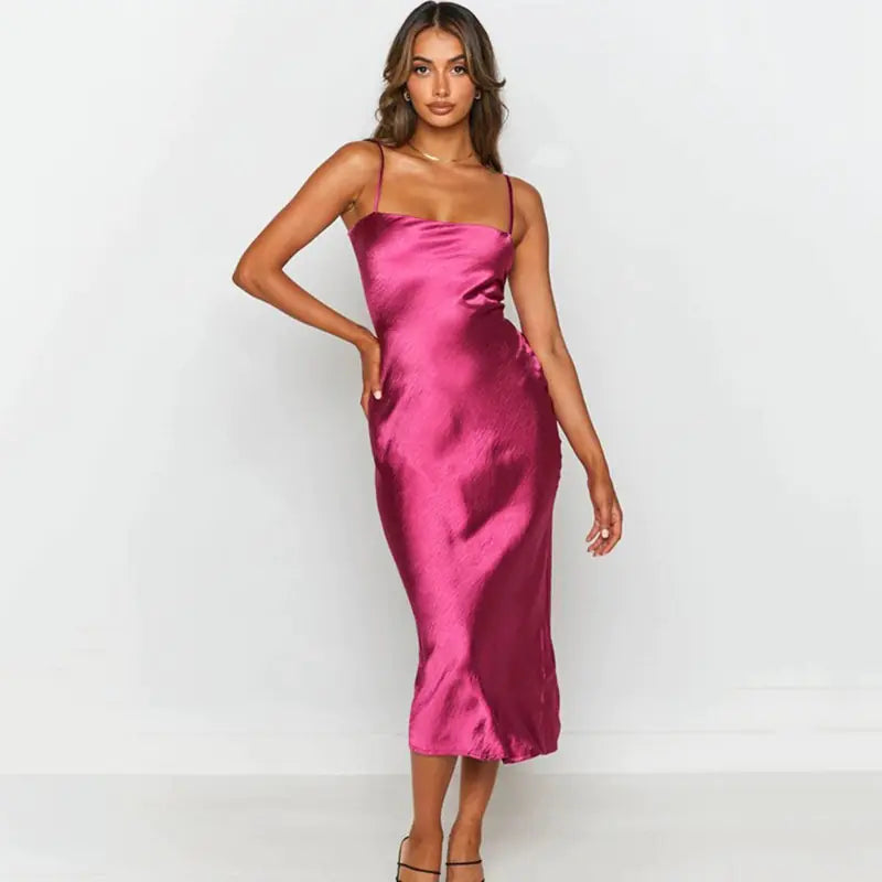 Elegant Backless Lace Up Satin Suspender Dress