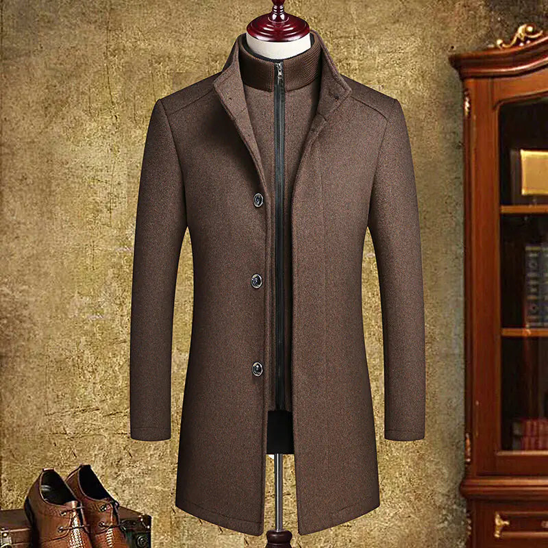 Men's Mid-Length Woolen Coat with Detachable Vest Liner