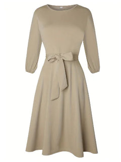 Women's Waist-Tight 3/4 Sleeve Dress with Belt