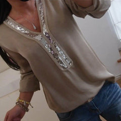 2019 Women's Casual V-Neck Sequin Chiffon Blouse