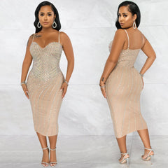 Women's Sling Dress with Hot Drilling for Nightclub
