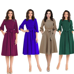 Women's Waist-Tight 3/4 Sleeve Dress with Belt
