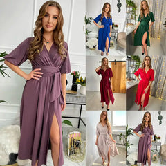 Women's V-neck Lantern Sleeve Maxi Dress with Slit